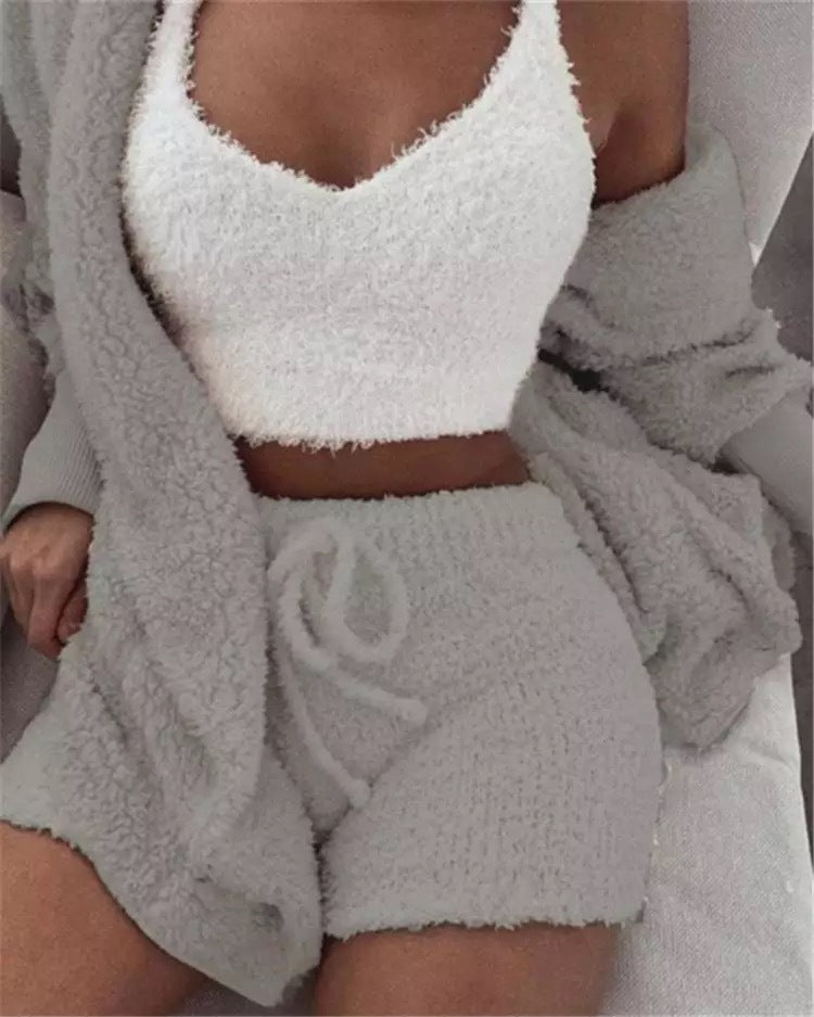 3 Piece Soft Warm Long Sleeve Hoodie Shorts and Vest Pajama Set