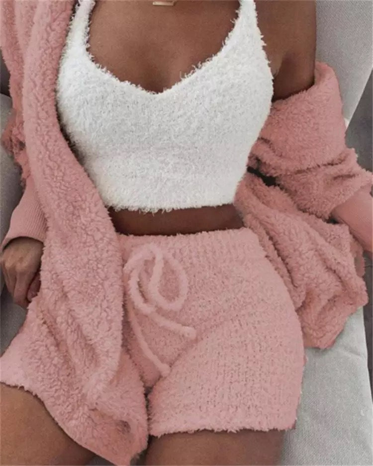 3 Piece Soft Warm Long Sleeve Hoodie Shorts and Vest Pajama Set