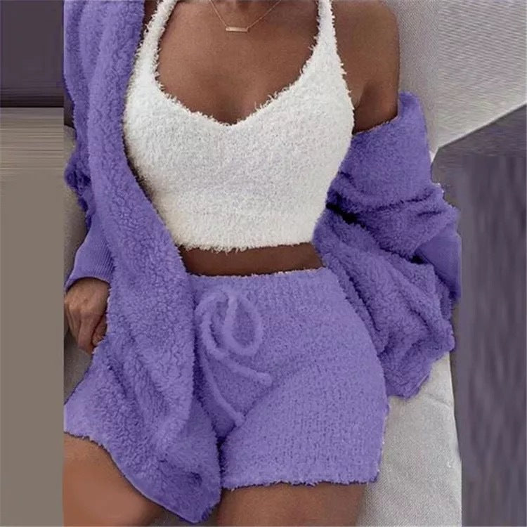 3 Piece Soft Warm Long Sleeve Hoodie Shorts and Vest Pajama Set