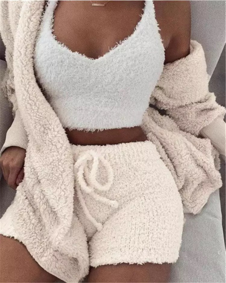 3 Piece Soft Warm Long Sleeve Hoodie Shorts and Vest Pajama Set