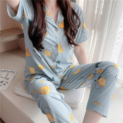 2 Piece Short Sleeved Button Up Top Capri Pants Pajama Set