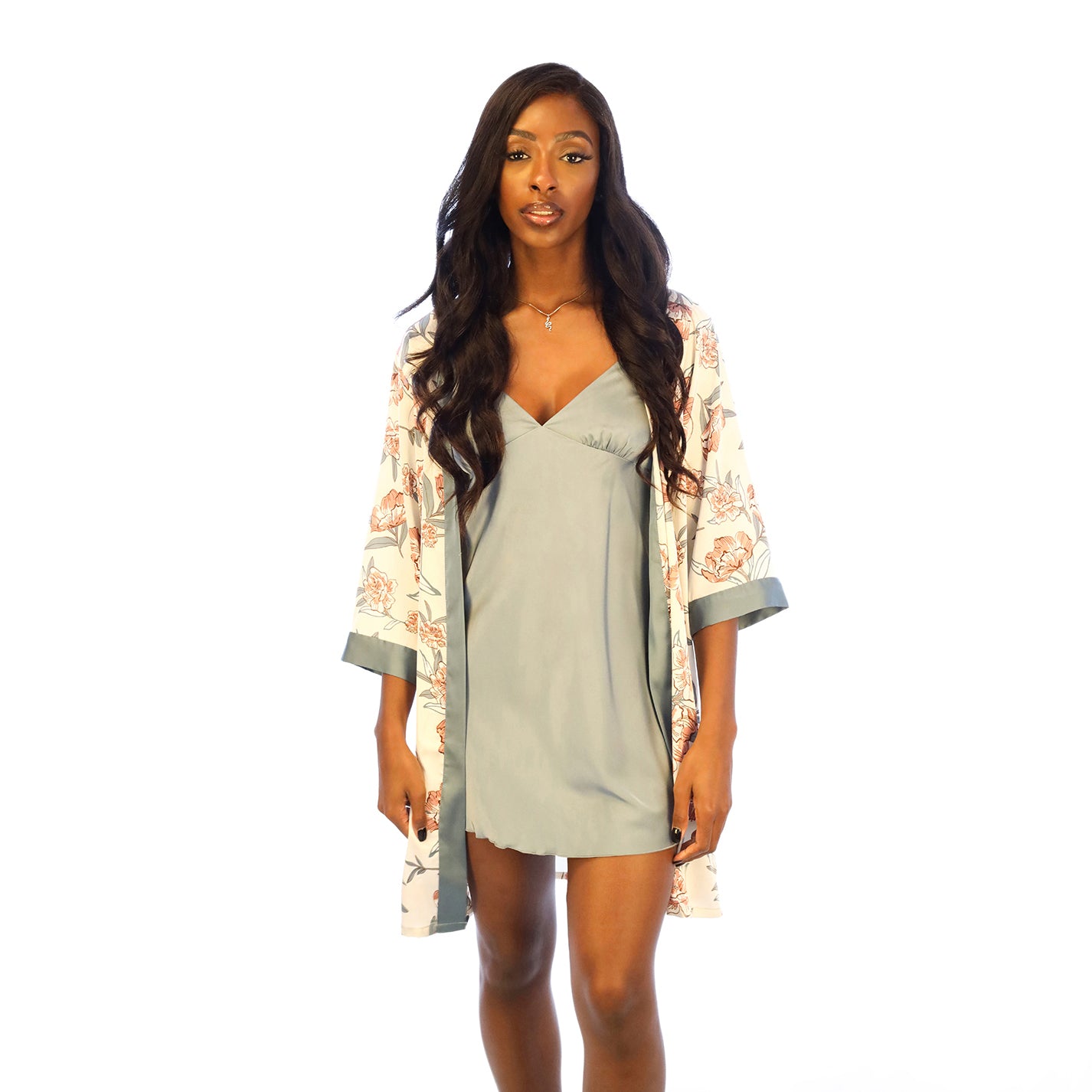 Women's Four Piece Sleepwear Gown V-neck Kimono Robe Shorts and Top