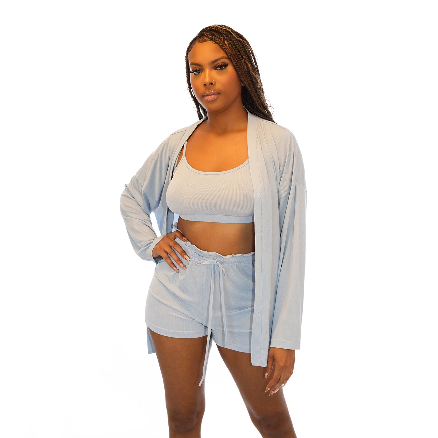 3 Piece Crop Top Drawstring Shorts Set