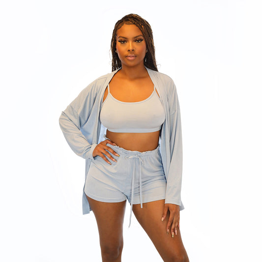 3 Piece Crop Top Drawstring Shorts Set