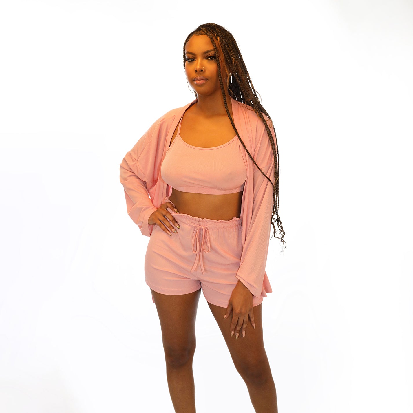 3 Piece Crop Top Drawstring Shorts Set