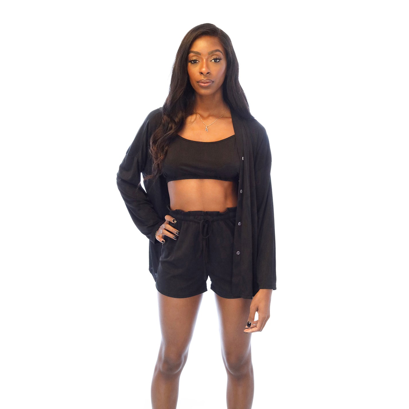 3 Piece Crop Top Drawstring Shorts Set