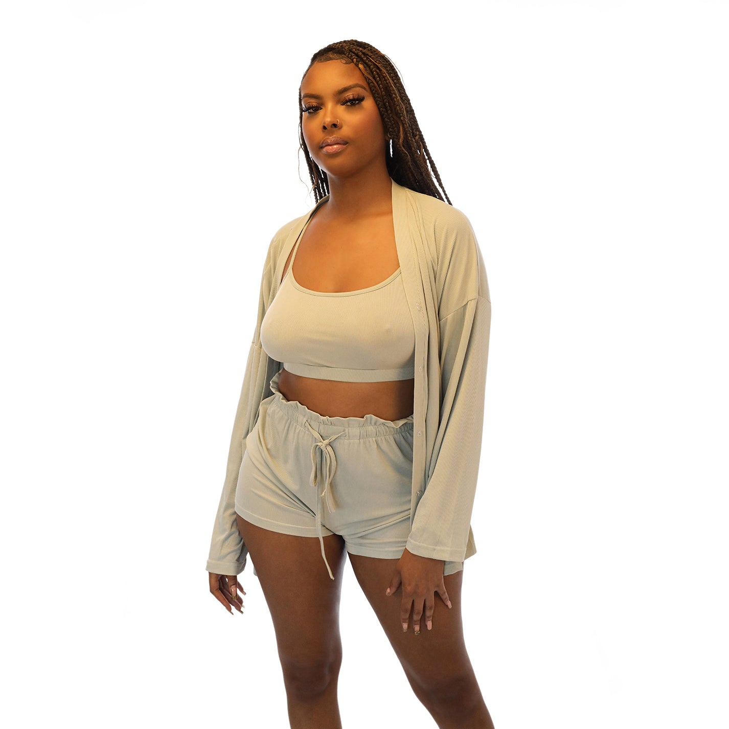 3 Piece Crop Top Drawstring Shorts Set