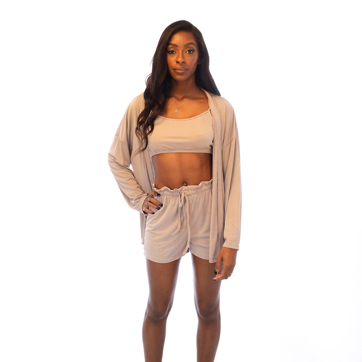 3 Piece Crop Top Drawstring Shorts Set