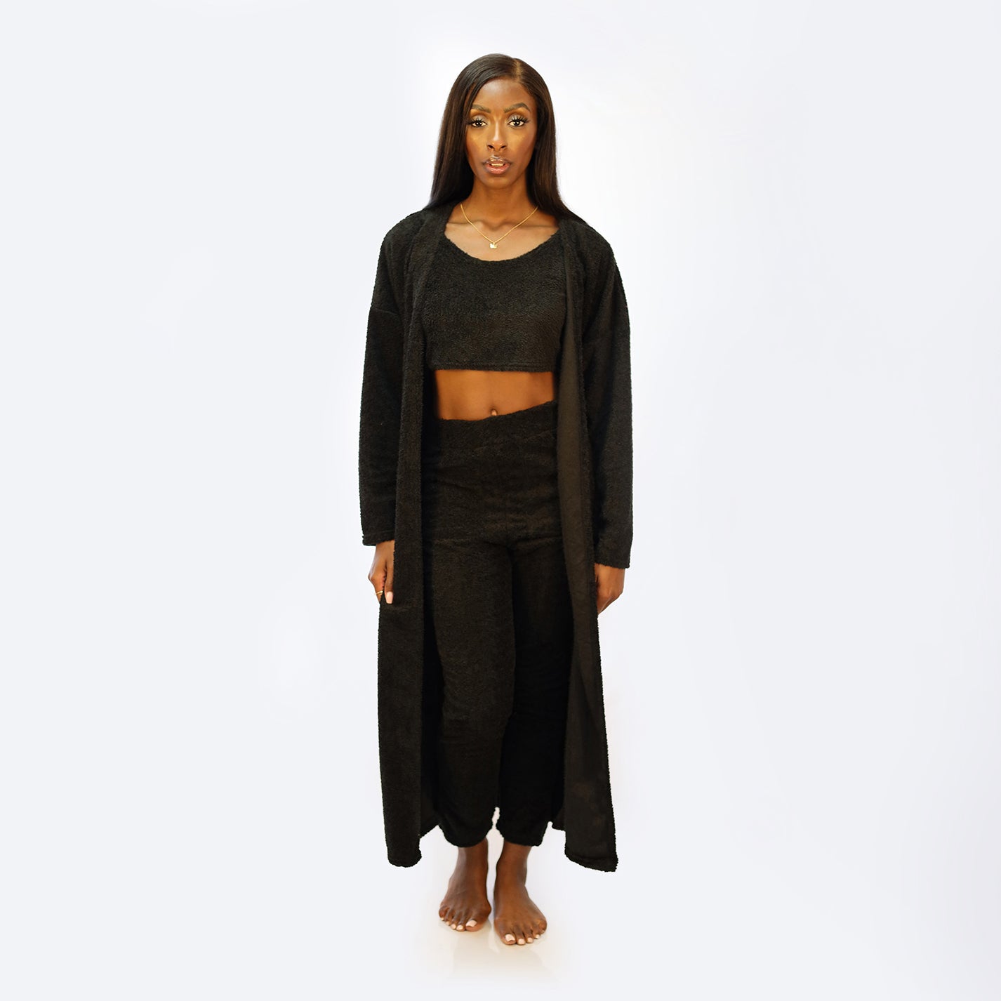 3 Piece Cozy Long Pants Crop Top and Long Cardigan