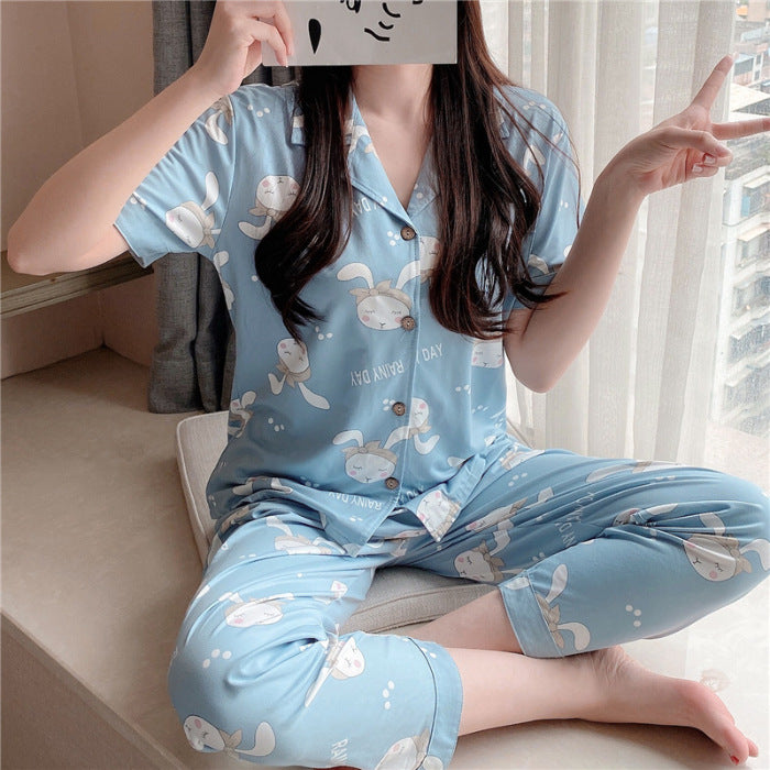 2 Piece Short Sleeved Button Up Top Capri Pants Pajama Set