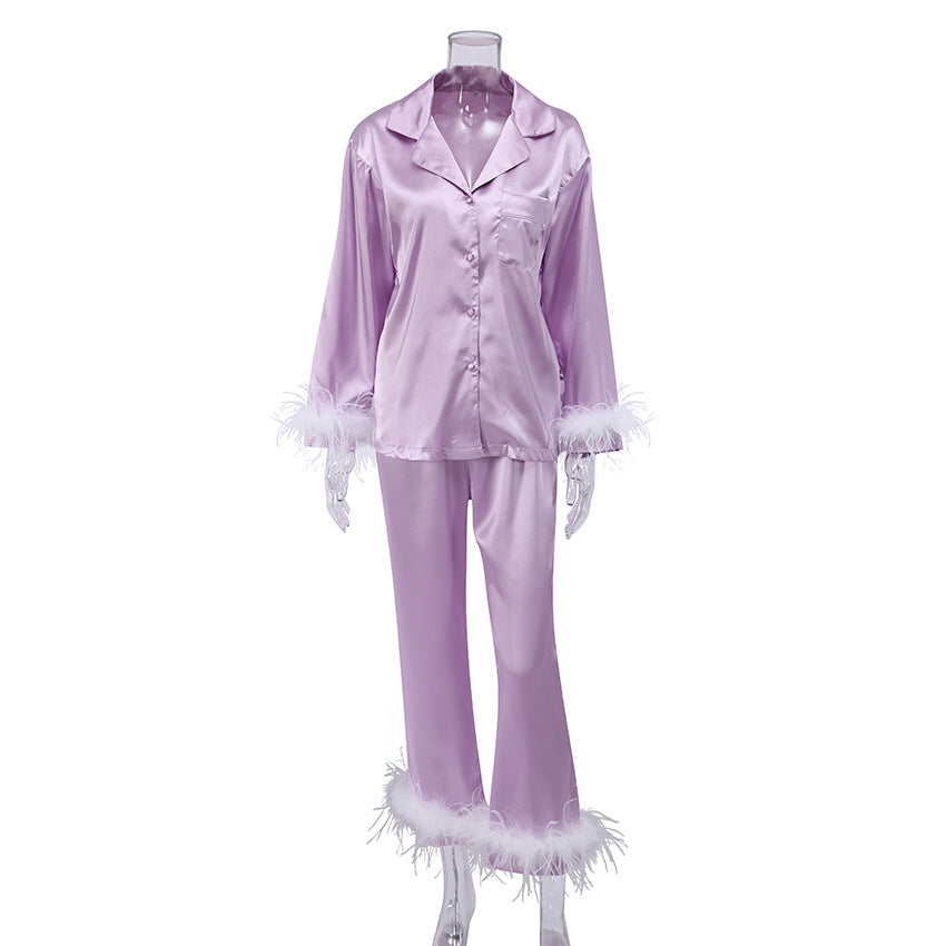 2 Piece Feathered Long-sleeved Pajama Set