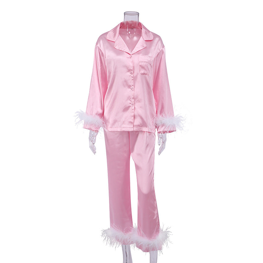 2 Piece Feathered Long-sleeved Pajama Set