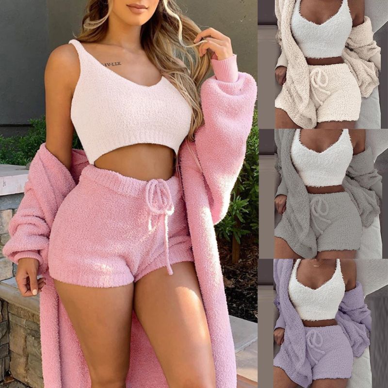 3 Piece Soft Warm Long Sleeve Hoodie Shorts and Vest Pajama Set