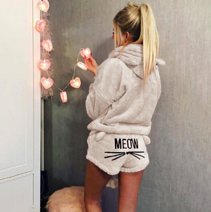 Women's Warm Fuzzy Cat Ear Hoodie Meow Short Set