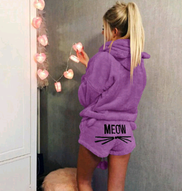 Women's Warm Fuzzy Cat Ear Hoodie Meow Short Set