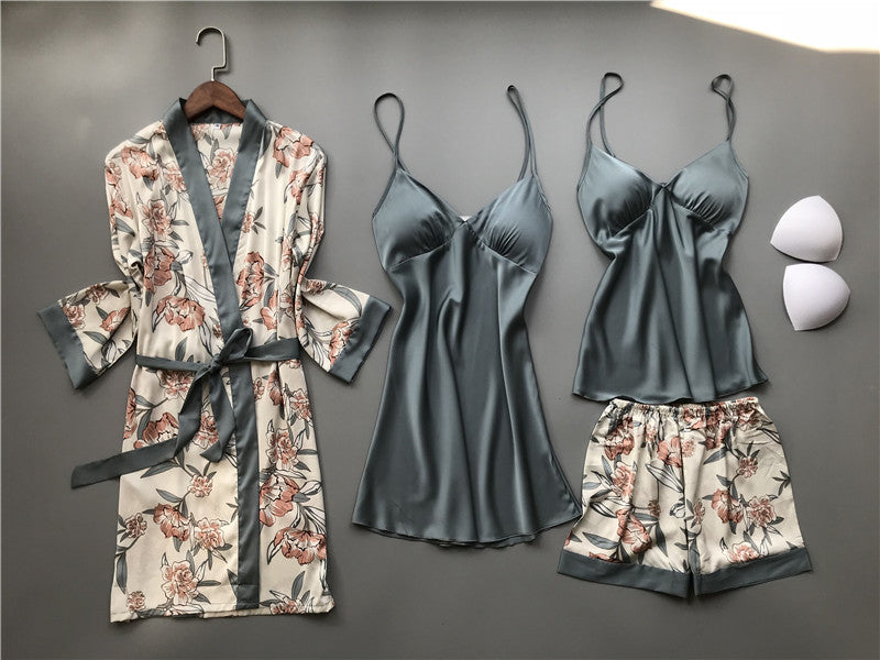 Women's Four Piece Sleepwear Gown V-neck Kimono Robe Shorts and Top