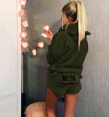 Women's Warm Fuzzy Cat Ear Hoodie Meow Short Set