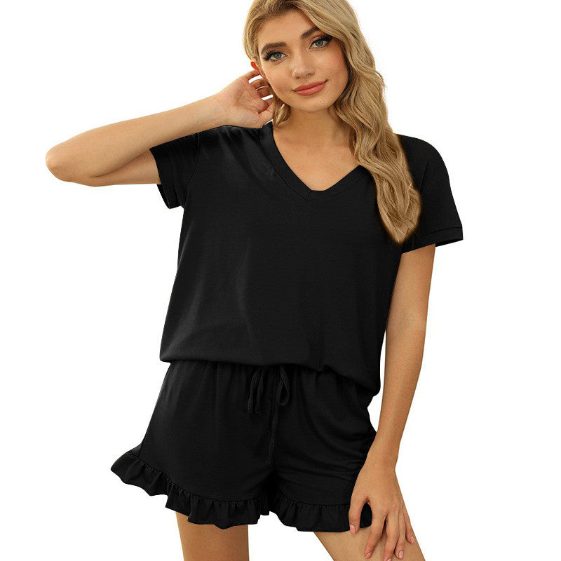 Women's Two-piece Drawstring Shorts Short-Sleeved Top Pajamas Loungewear