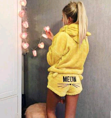 Women's Warm Fuzzy Cat Ear Hoodie Meow Short Set