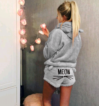 Women's Warm Fuzzy Cat Ear Hoodie Meow Short Set