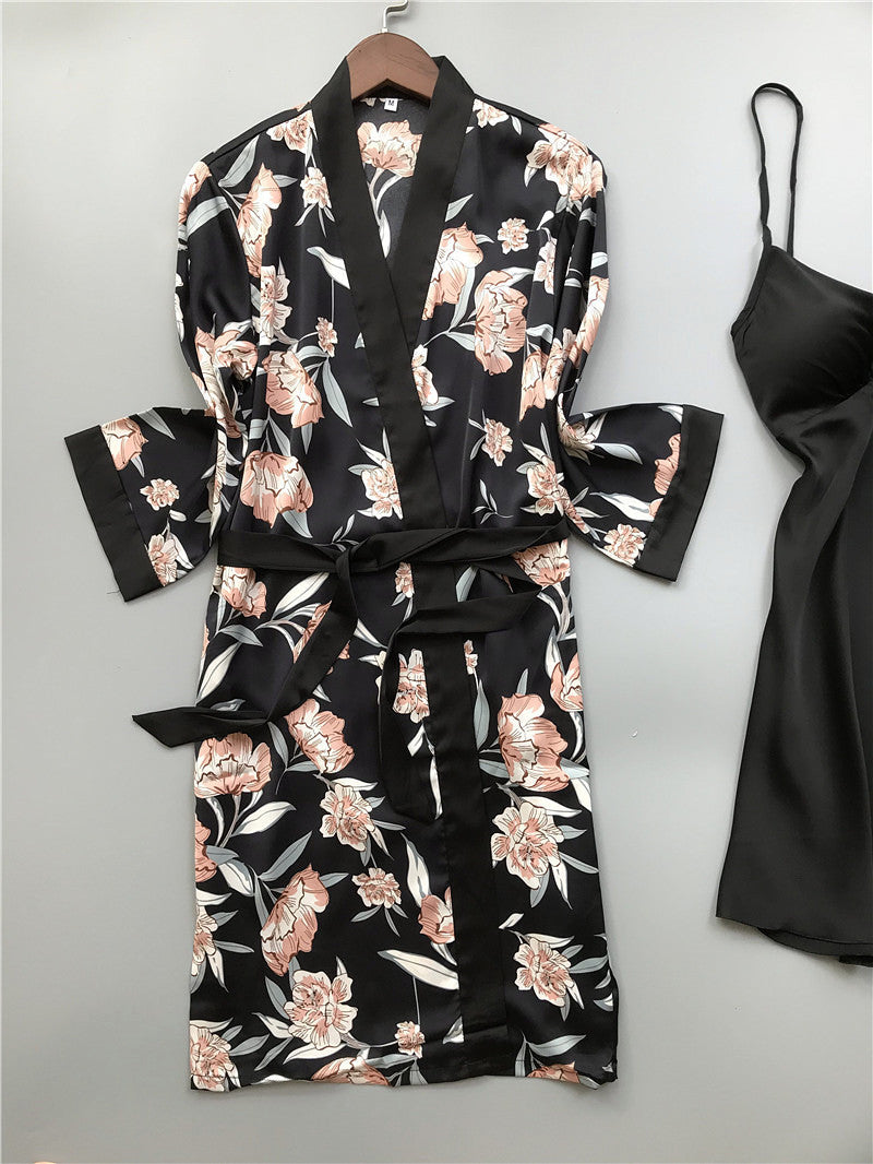 Women's Four Piece Sleepwear Gown V-neck Kimono Robe Shorts and Top