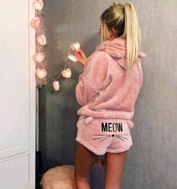 Women's Warm Fuzzy Cat Ear Hoodie Meow Short Set