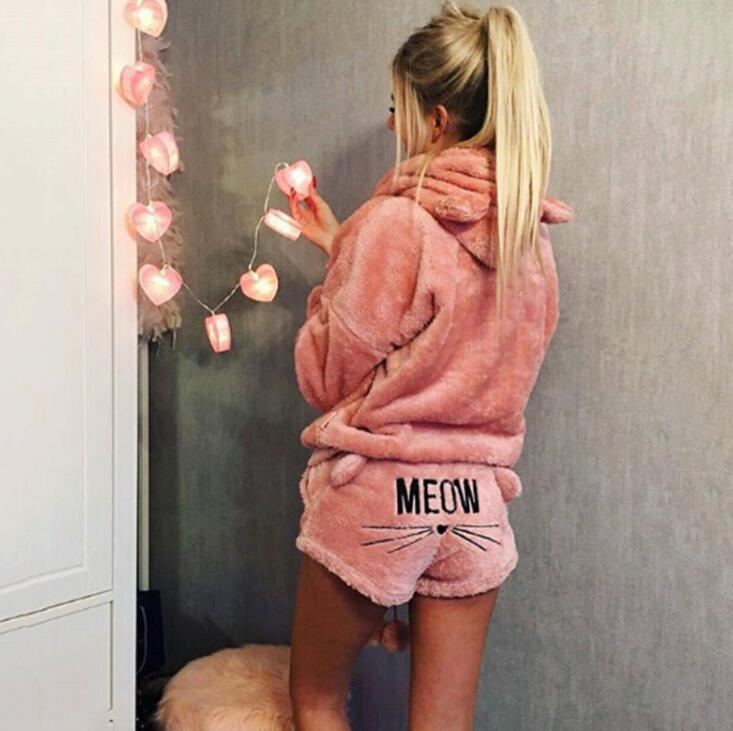 Women's Warm Fuzzy Cat Ear Hoodie Meow Short Set