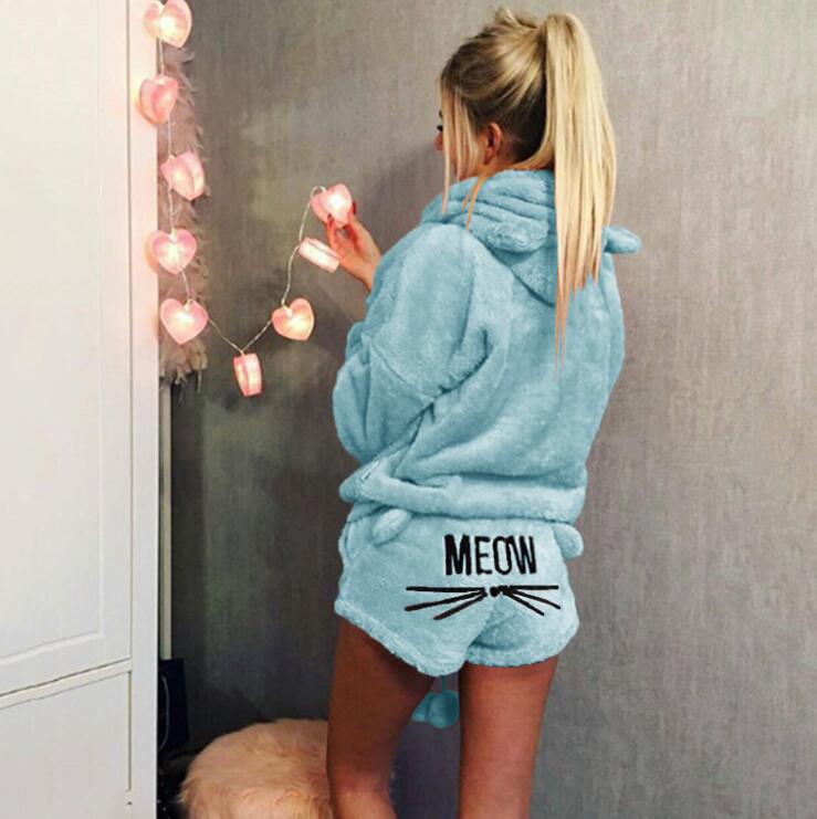 Women's Warm Fuzzy Cat Ear Hoodie Meow Short Set