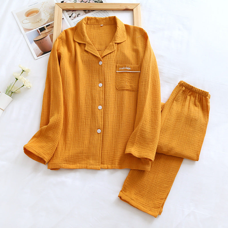 Long Sleeve Long Pants Gauze Crepe Cotton Front Button Top with Collar and Pocket Pajama Set