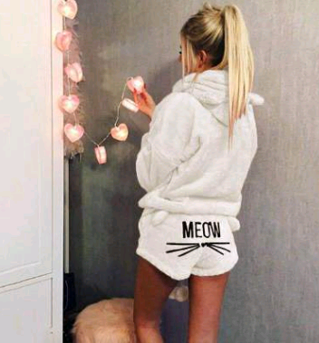 Women's Warm Fuzzy Cat Ear Hoodie Meow Short Set