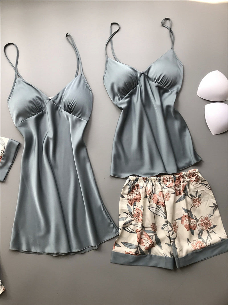 Women's Four Piece Sleepwear Gown V-neck Kimono Robe Shorts and Top