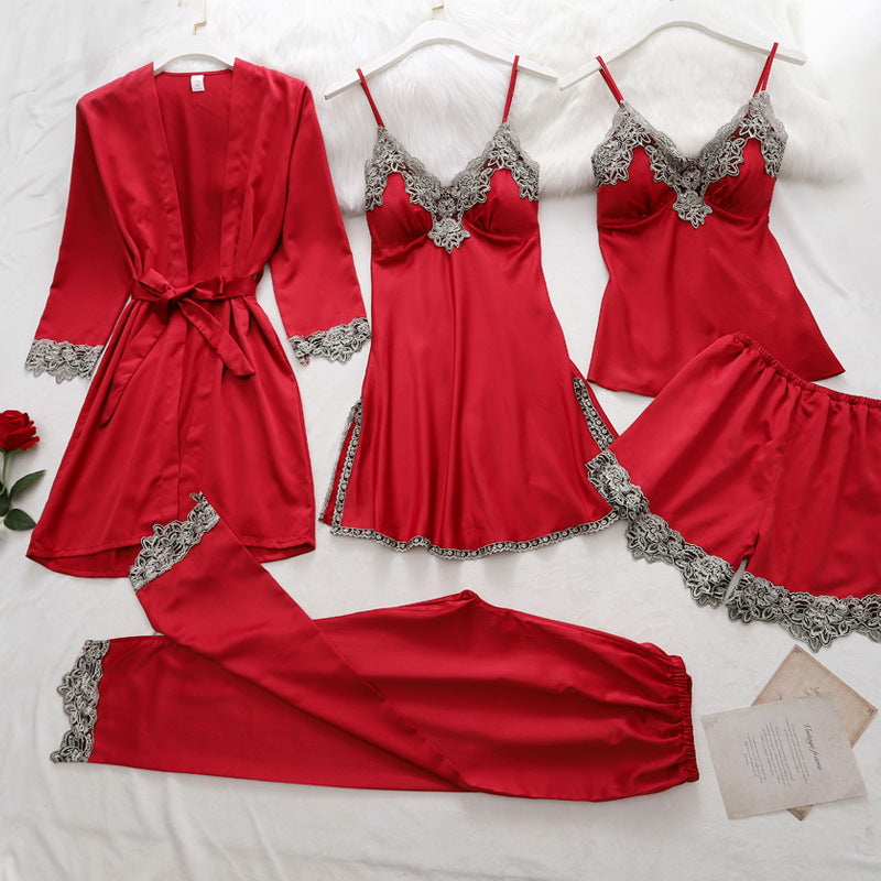 Women's Five Piece Sleepwear Lace Trim Gown V-neck Robe Pants Shorts and Top