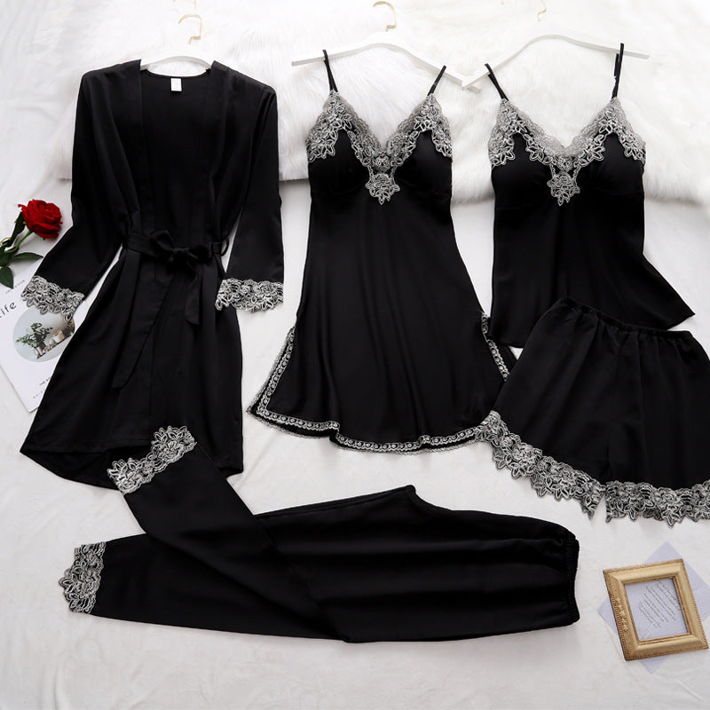 Women's Five Piece Sleepwear Lace Trim Gown V-neck Robe Pants Shorts and Top