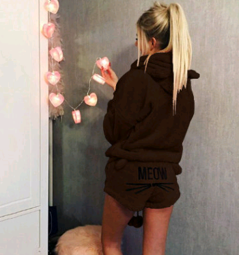 Women's Warm Fuzzy Cat Ear Hoodie Meow Short Set