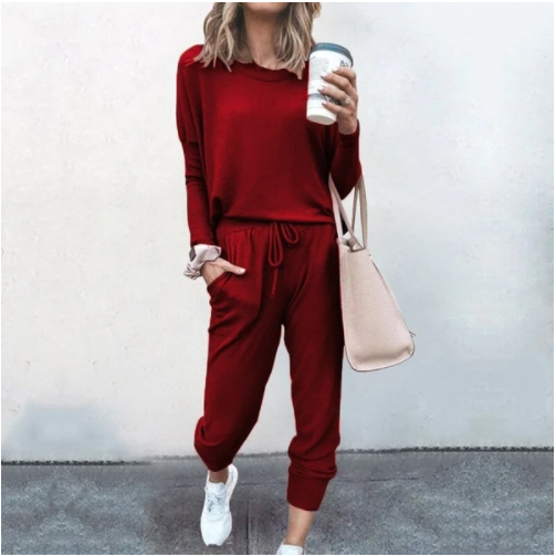 Women's Two Piece Loose Scrunchy Long Sleeve Top Cuffed Ankle Joggers Loungewear