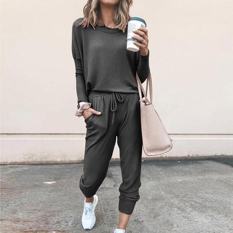 Women's Two Piece Loose Scrunchy Long Sleeve Top Cuffed Ankle Joggers Loungewear