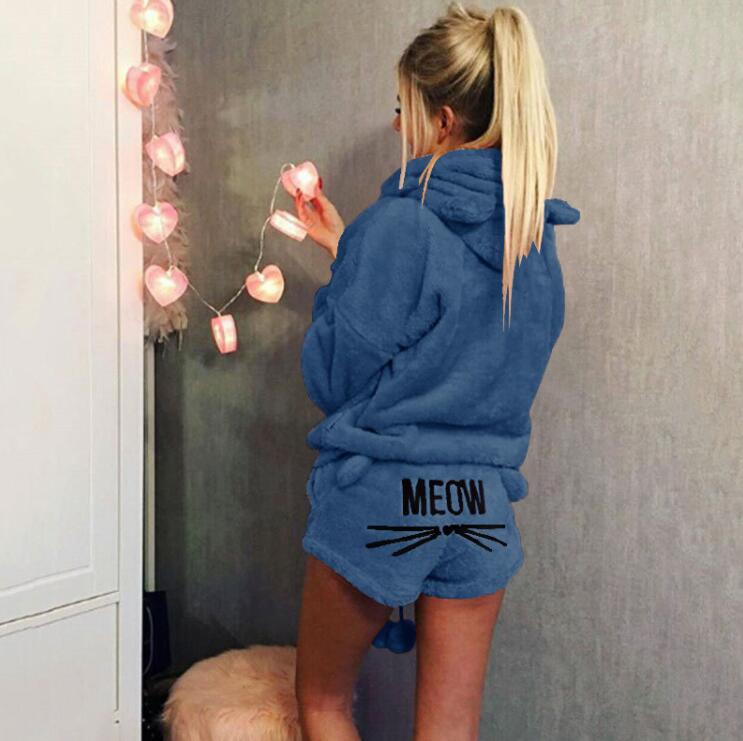 Women's Warm Fuzzy Cat Ear Hoodie Meow Short Set