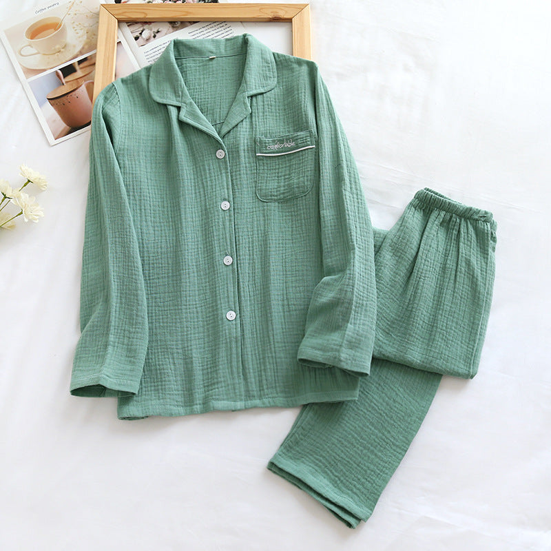 Long Sleeve Long Pants Gauze Crepe Cotton Front Button Top with Collar and Pocket Pajama Set