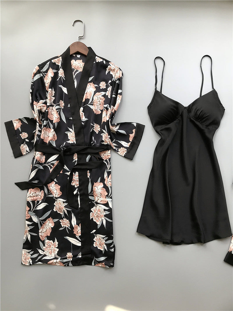 Women's Four Piece Sleepwear Gown V-neck Kimono Robe Shorts and Top