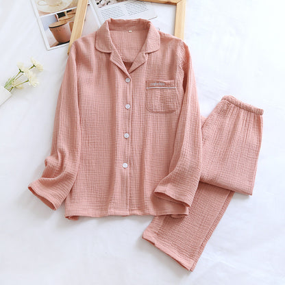 Long Sleeve Long Pants Gauze Crepe Cotton Front Button Top with Collar and Pocket Pajama Set