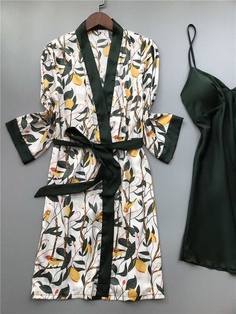 Women's Four Piece Sleepwear Gown V-neck Kimono Robe Shorts and Top