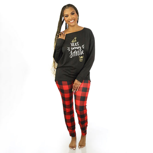 Two Piece Christmas Holiday Plaid Pants Graphic Print Top Pajama Set