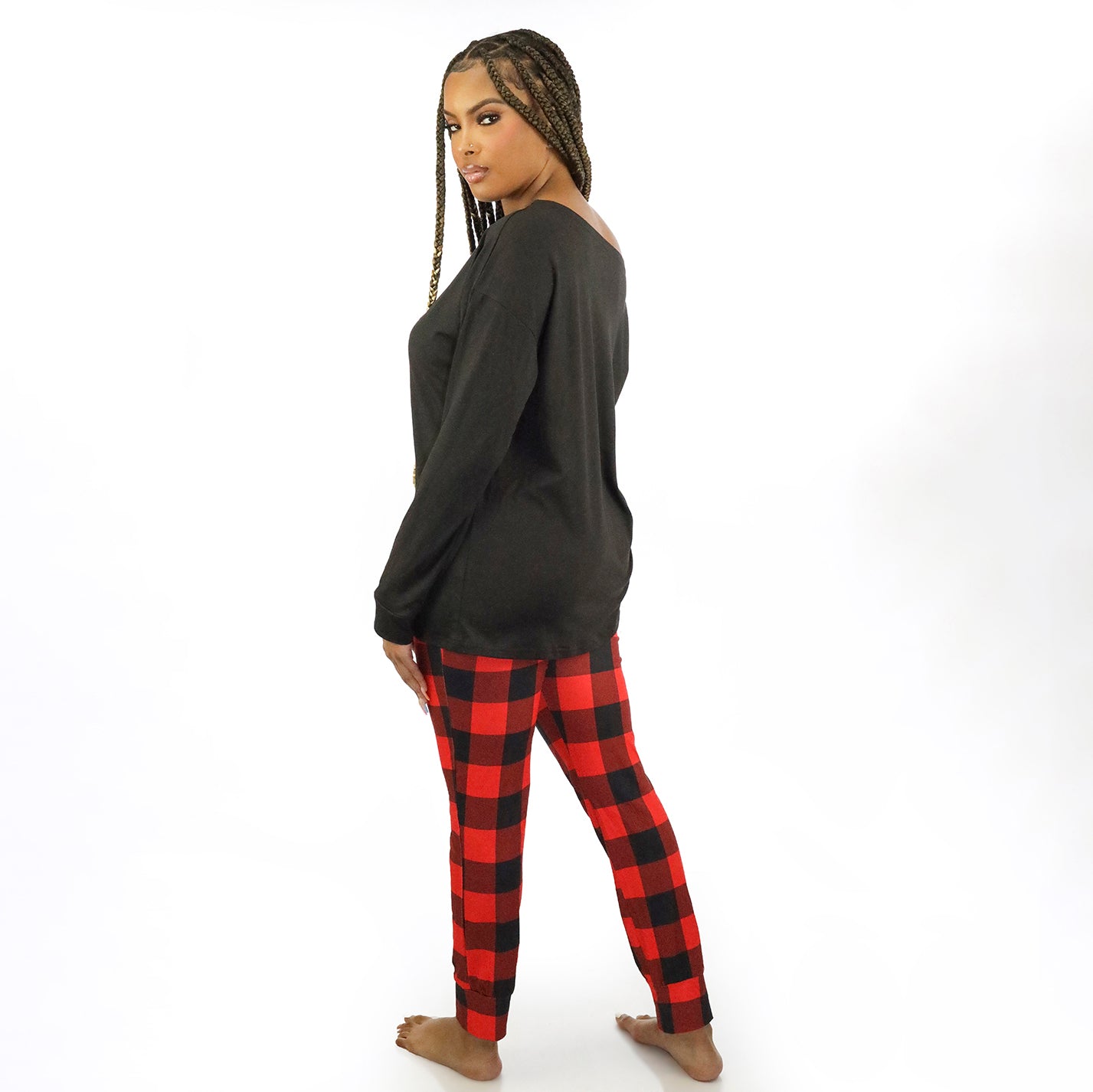 Two Piece Christmas Holiday Plaid Pants Graphic Print Top Pajama Set