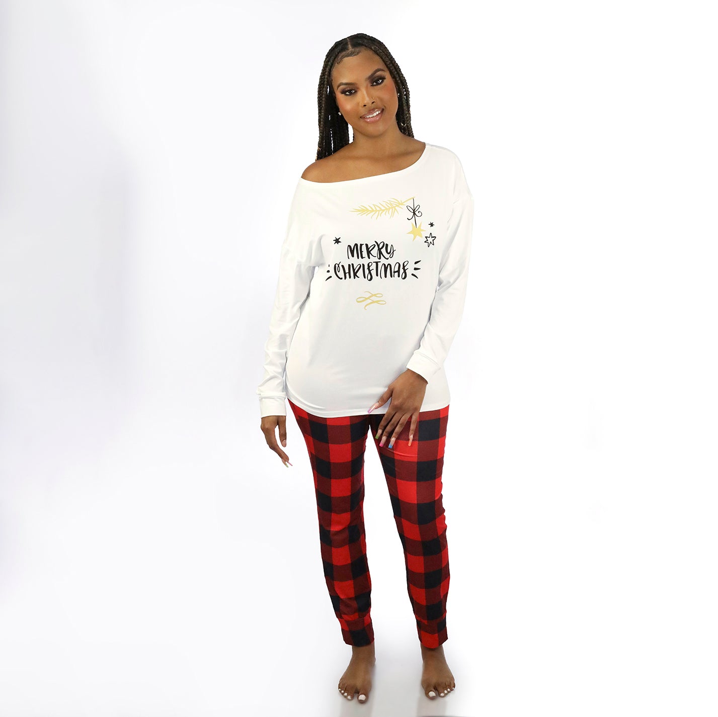 Two Piece Christmas Holiday Plaid Pants Graphic Print Top Pajama Set