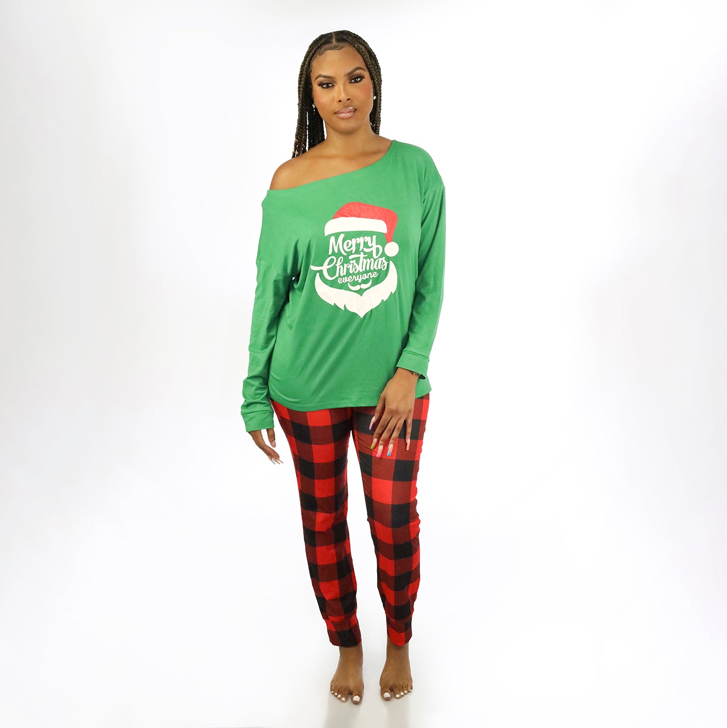 Two Piece Christmas Holiday Plaid Pants Graphic Print Top Pajama Set