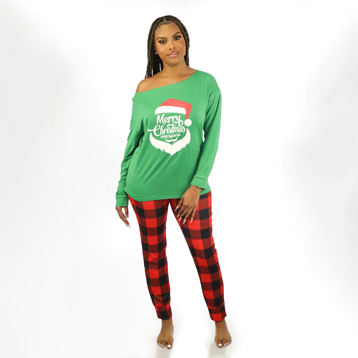 Two Piece Christmas Holiday Plaid Pants Graphic Print Top Pajama Set