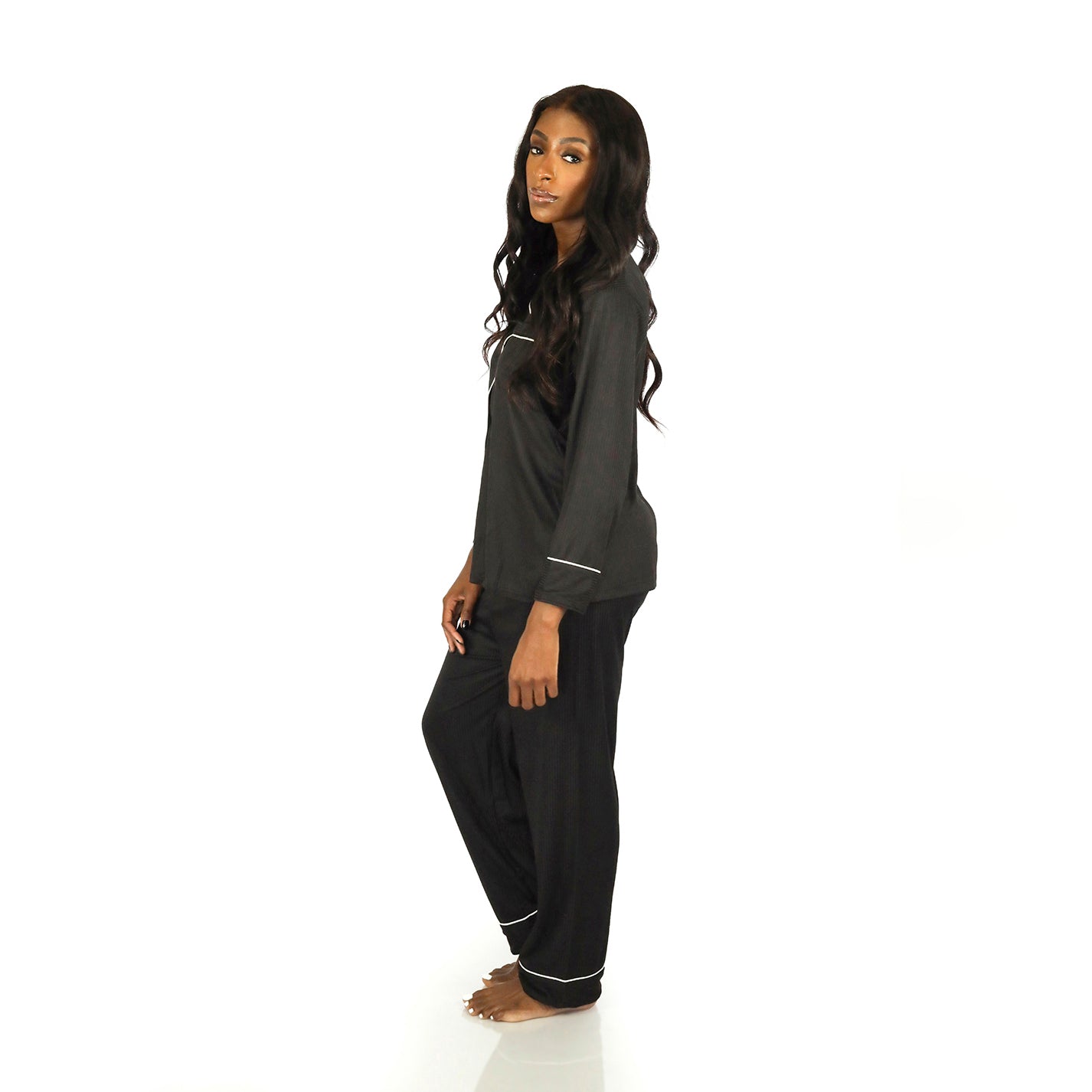 Two Piece Long Sleeve Collared Button Front Hidden Nursing Top Long Pants