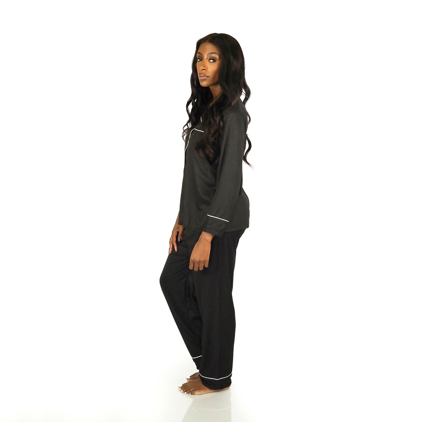 Two Piece Long Sleeve Collared Button Front Hidden Nursing Top Long Pants