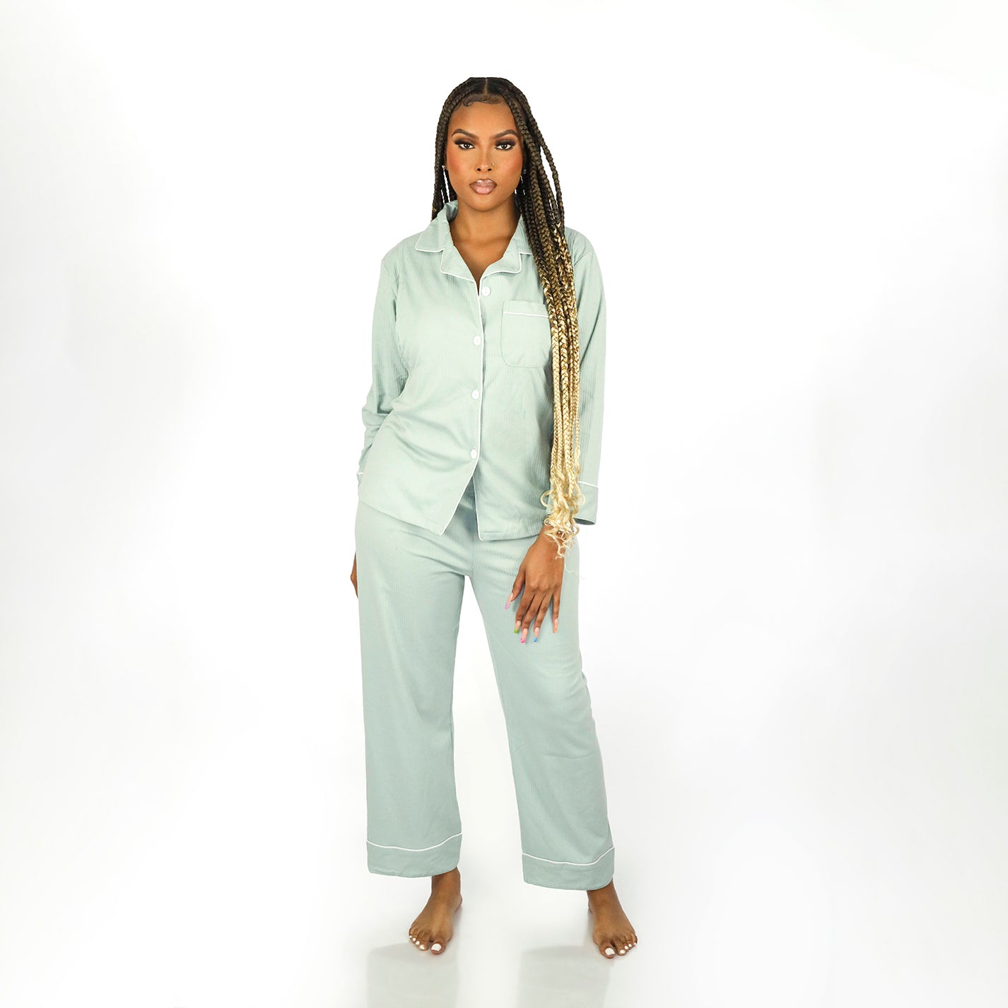 Two Piece Long Sleeve Collared Button Front Hidden Nursing Top Long Pants