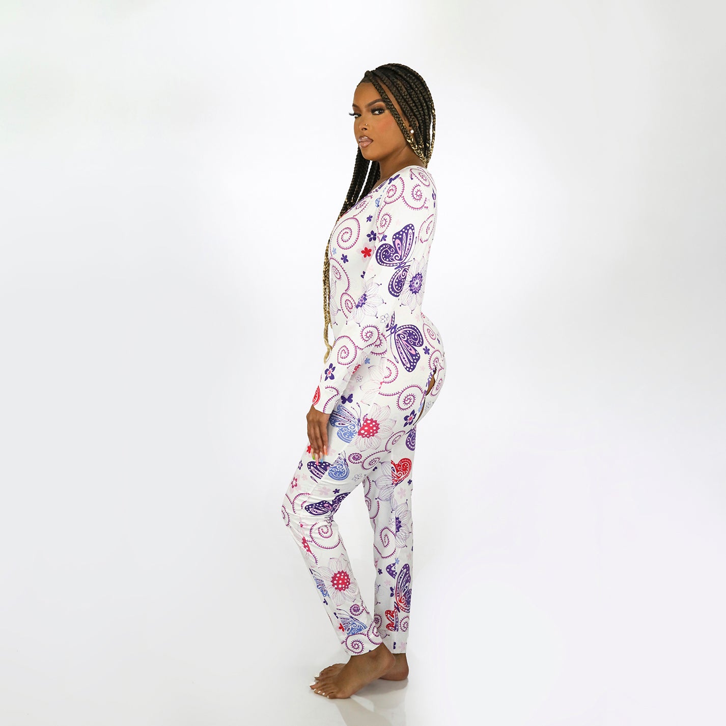 Women's Long Sleeve V-Neck Buttoned Flap Onesie